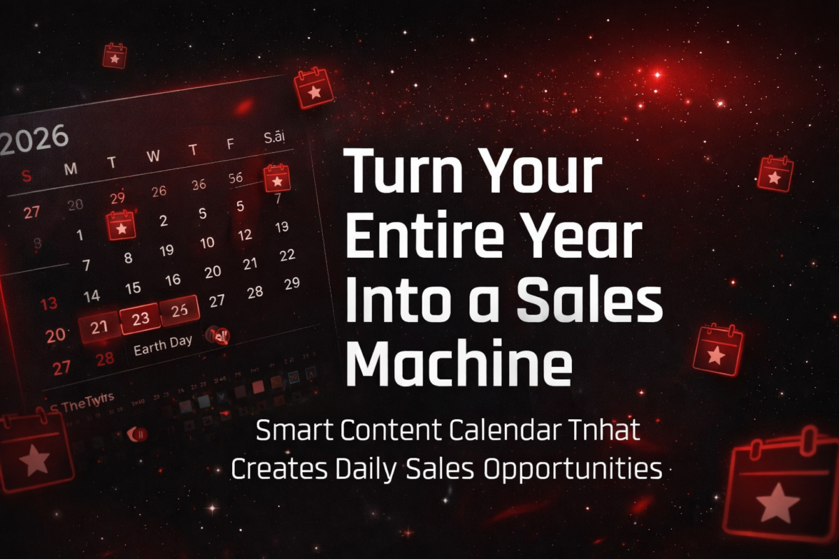 Turn Your Entire Year Into a Sales Machine banner with red glowing calendar icons and dark background promoting a smart content calendar for daily sales opportunities