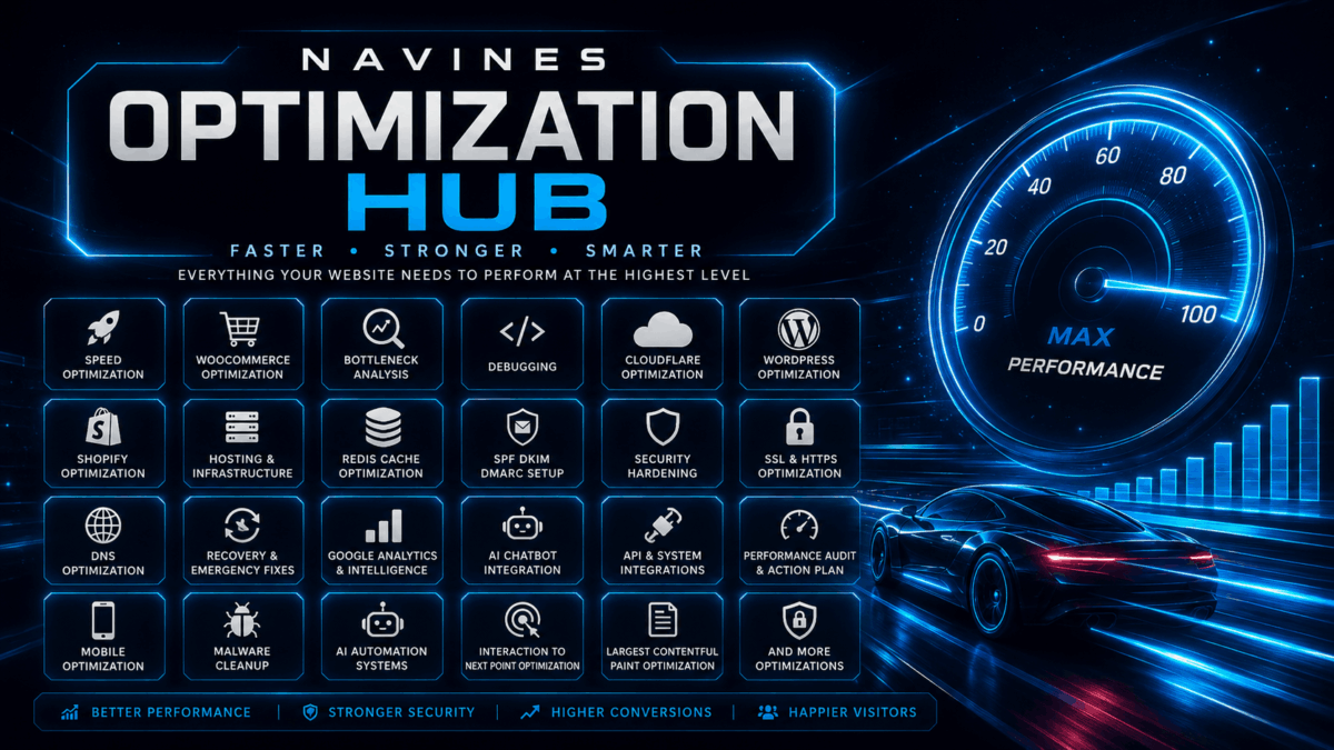 NAVINES Optimization Hub interface showing advanced website speed optimization, performance analysis, WooCommerce optimization, infrastructure improvements and futuristic digital performance systems.