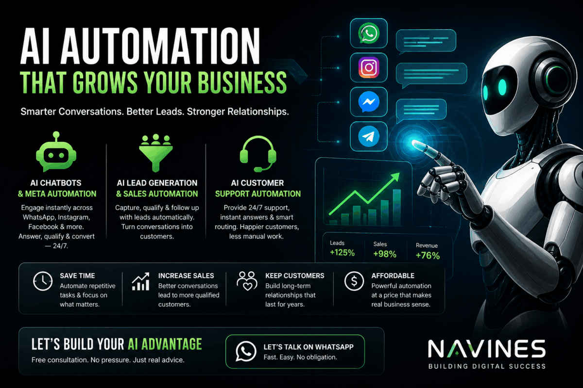 AI automation system for business growth with chatbots, lead generation, and customer support across WhatsApp, Instagram, Facebook, and Telegram, featuring a futuristic robot and digital dashboard.